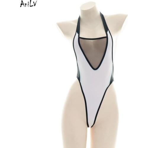 AniLV Women Chest Mesh Halter Bodysuit Swimsuit Uniform Costume Anime High Slit Leotard one-piece Swimwear Pool Party Cosplay