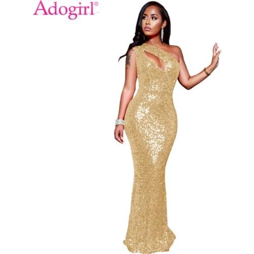 Adogirl Christmas Sequins Party Dress Hollow Out One Shoulder Sleeveless Bodycon Maxi Evening Gown Banquet Dresses Vestidos