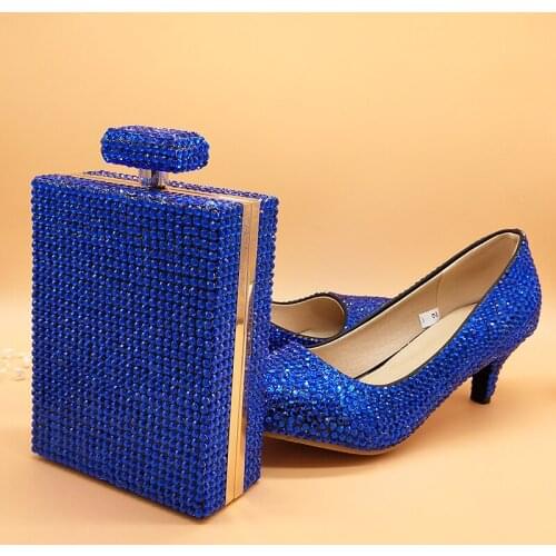 BaoYaFang Royal Blue Crystal Wedding Shoes With Matching Bags High heels Pumps Round Toe women platform shoes Party Dress shoe