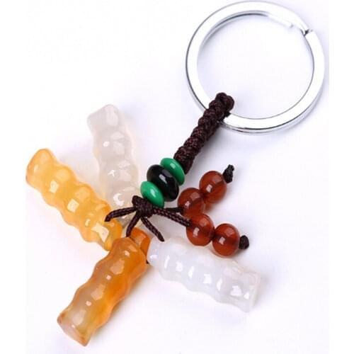 FYJS Unique Silver Plated Circle Crystal Bamboo Shape Key Chain with Smalle Beads Chinses Style Jewelry