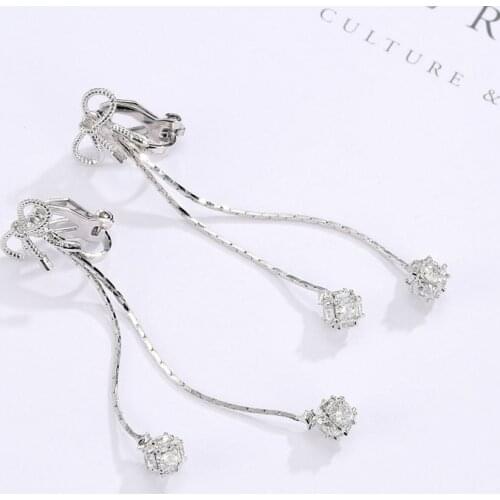 Classic Wedding Tassel Cubic zirconia Clip on Earrings for Women Fashion Costume Earrings Jewelry non Without Pierced
