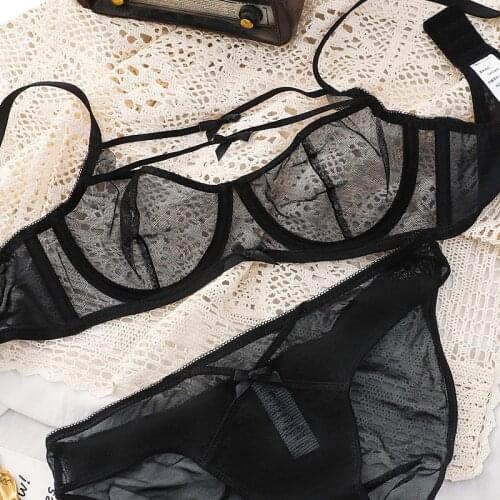 Lace underwear womens transparent beauty back sexy bra set show chest small thin section ladies triangle cup lingerie panty