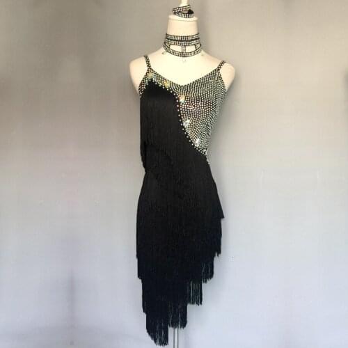 Latin Dance Dress Shiny Rhinestone Black Fringe Sexy Backless Dresses Tango Salsa Cha Cha Samba Competition Show Wear DNV11771