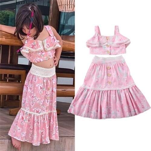 2PCS Fashion Toddler Kids Baby Girl Clothes Floral Sleeveless Crop Vest Tops+Long Skirts Summer Outfit Clothes Set 1-6Y