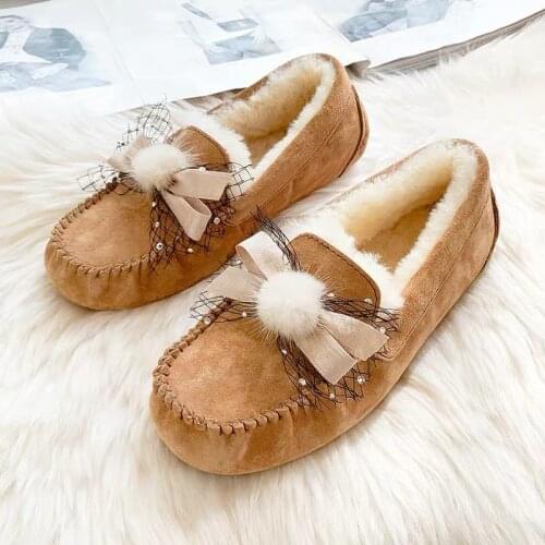 Brand Women 100% Natural Fur Shoes Moccasins Loafers Soft Genuine Leather Leisure Flats Female Casual Footwea