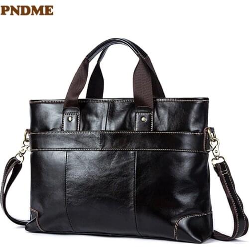 Vintage genuine leather mens briefcase business real cowhide lawyer handbags handmade 14 inch laptop shoulder messenger bags