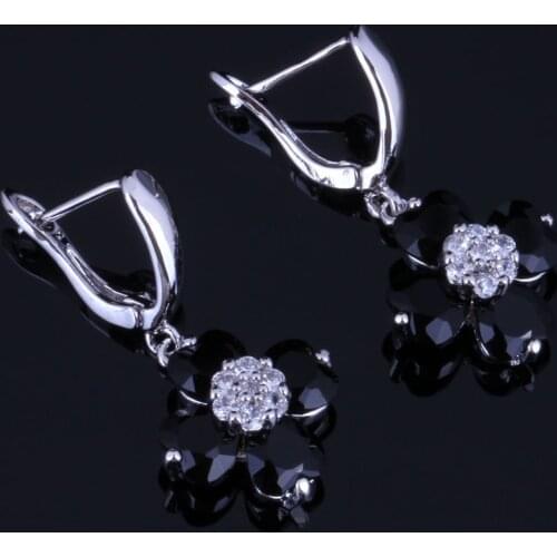 Adorable Heart Shaped Black Cubic Zirconia White CZ Silver Plated Drop Dangle Earrings V0771