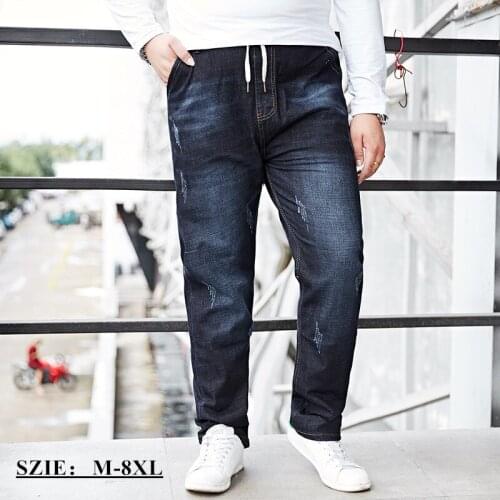 Men embroidery elastic waist Casual Straight Jeans fashion Cotton Stretch Man jeans Denim pantsTrousers plus size 7XL 8XL