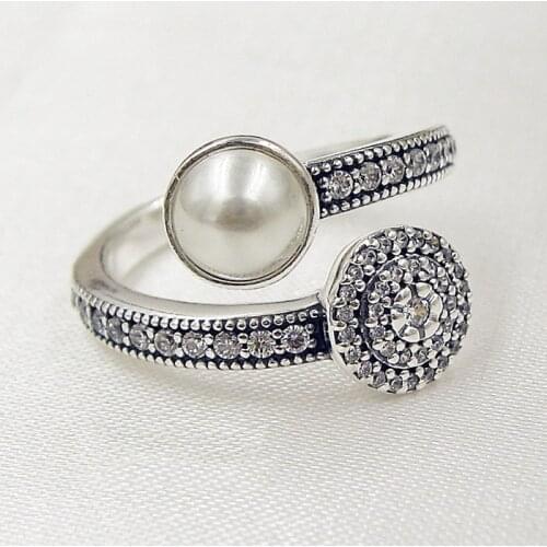 S925 Silver Luminous Glow Ring White Pearl & Crystals For Women Wedding Party fit Lady Fine Jewelry