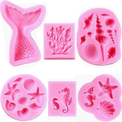 Marine Theme Fondant Silicone Mold Seashell conch Mermaid Tail Seahorse starfish coral DIY Handmade Baking Tools for Mermaid
