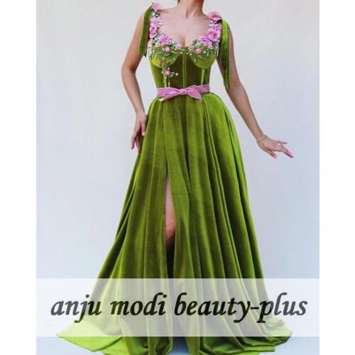 2021 Long Velvet Appliques Prom Dresses Sleeveless V Neck High Split Formal Evening Party Ball Gown Robe De Soiree