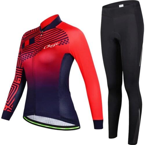 Bike Jerseys Set Women Slim Cycling Jersey + Pants Long Sleeve Breathable Bicycle MTB Ridding Wear for Spring/Autumn