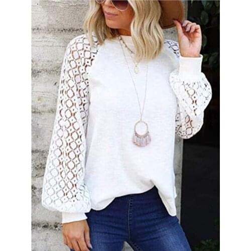 Women Elegant Hollow Out Lace Blouse Shirts Autumn Lantern Long Sleeve Knit Tops Pullover Vintage O Neck Solid Streetwear