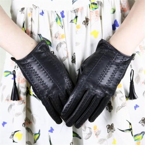 Womens Sheepskin Gloves Genuine Leather Tassel Zipper Winter Warm Plus Velvet Driving Gloves Female Factory Direct Sale DQ1603