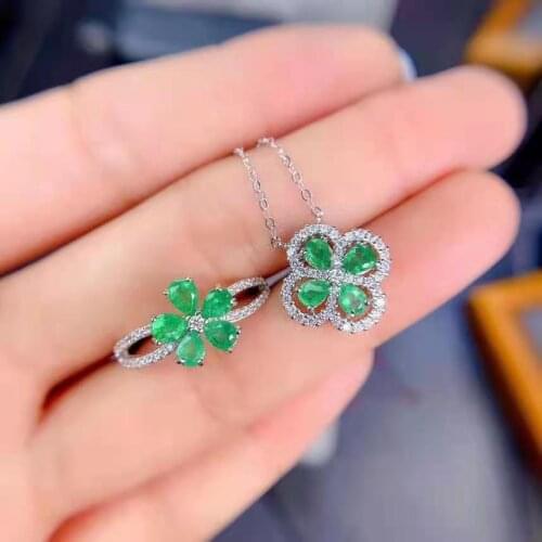 Natural Emerald S925 Sterling Silver Lucky Clover Ring Pendant Necklace Set Charming Fine Fashion Jewelry for Women MeibaPJFS