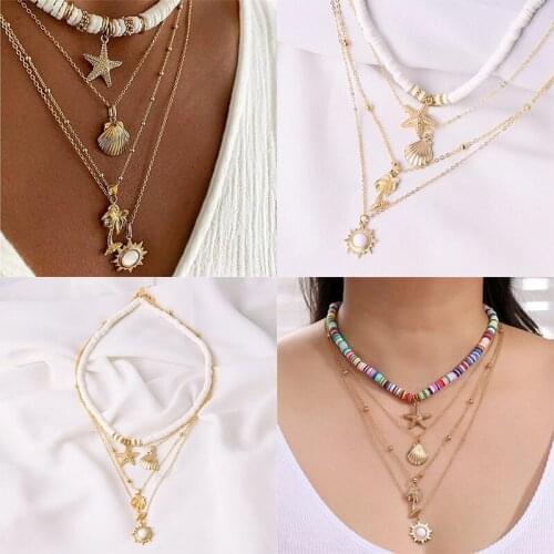 Soft Pottery Starfish Shell Pendant Wholesale Necklace for Women Necklace Retro Sun Multilayer Necklaces Jewelry Fashion