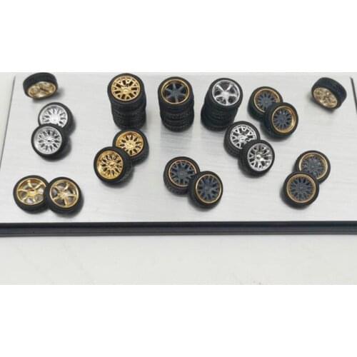 16Pcs(for 4 Cars) 1:64 Mini Car Tires + Wheels Modified Electroplated Wheel Hubs BBS RAYS 1/64 Toy Car Replace Parts