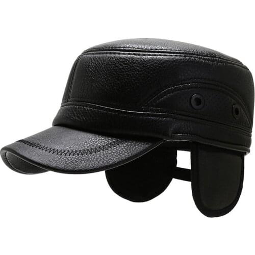 2021 Winter Hat Men Warm Thicken Pu Leather Military Hats For Man Flat Top Snapback Hats With Ear Flaps