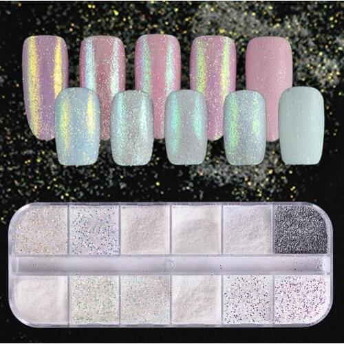 12 Grid AB Nail Glitter Mirror Powder Pearl Shell Rubbing Pigment Soap Sparkly Charm Nails Art Design Accessory
