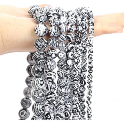 Natural Stone Beads Smooth Black White Malachite Mineral Round Loose Spacer Bead For Jewelry Making Bracelet Necklace 4-12MM