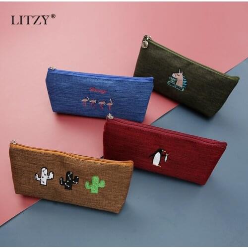 Canvas Pencil Case Cartoon Unicorn Flamingo Pencilcase for School Large Capacity Cactus Pencil Bag Office Supply Cute Stationery