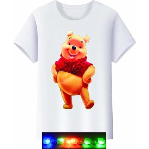 Disney summer fashion trend cartoon Pooh bear girl boy print color sequined light LED t-shirt cotton short-sleeved top