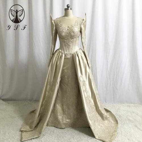Elegant Moda O Neck Appliqued Lace Long Sleeve Floor Length Evening Dresses with Overskirt