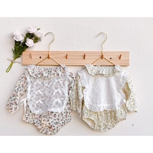 Korean Style 2020 Autumn Floral Printed Newborn Baby Girls Cute Bodysuits Lace Vest Infants Jumpsuits Long Sleeve Ruffles Collar