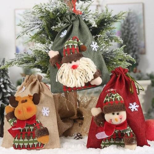 1pc Christmas Burlap Gift Bag Cute Elk Snowman Santa Pattern Candy Bag Drawstring Treat Bag For Christmas Party Supplies