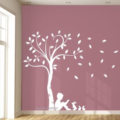 New Design Wallpaper Supreme Large Leaved Tree Vinyl Wall Decal Sticker Little Boy Reading With Rabbits Pattern Art Mural LL874