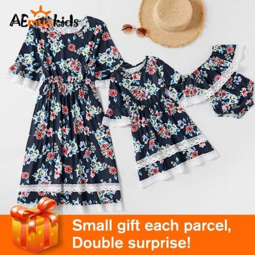 Family Mother Daughter Dresses Matching Summer Casual Outfits Mommy and Me Clothes Flower Women Girls Mom Baby Cotton Dress