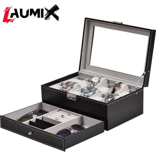 Watch gift Box PU 12 grids Black Leather box smartwatch Storage Boxes Double layer Carbon Fiber Leather Men Jewelry Box