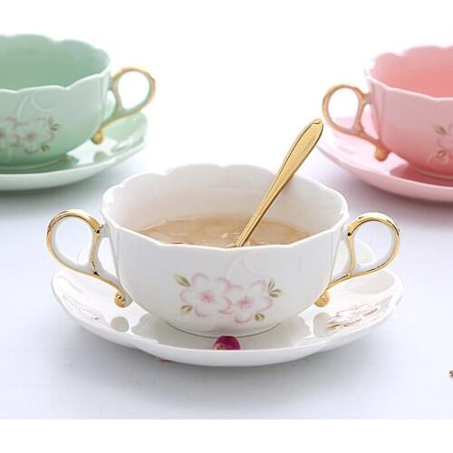 Sakura Dessert Bowl Binaural Birds Nest Bowl Japanese style flower petal embossed ceramic dessert bowl with bottom plate and sp