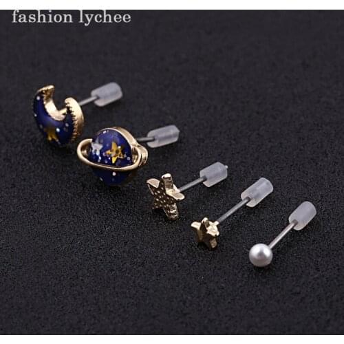 Fashion lychee Pretty Mini Metal Planet Star Moon Stud Earring Brand New Women Girls Earring Jewelry Accessories