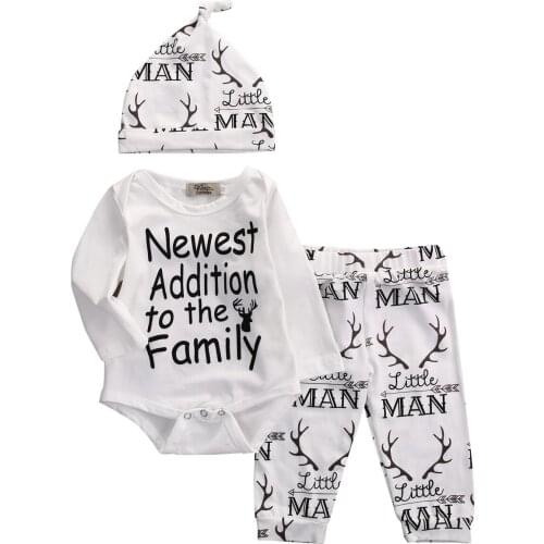 Autumn Winter Baby Boys Girls Clothes Set Fashion Cotton Casual Deer Printed Romper Jumpsuit + Pants + Hat 3pcs Outfits Sets