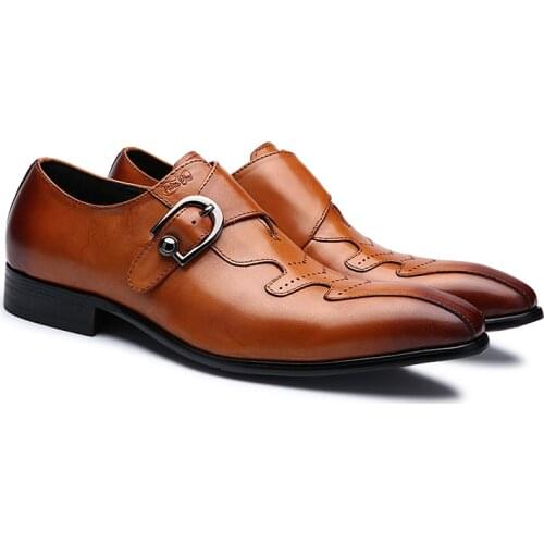 FELIX CHU Italian Fashion Men Dress Shoes Monk Strap Genuine Leather Slip On Man Formal Suit Footwear with Buckle Mens Shoes