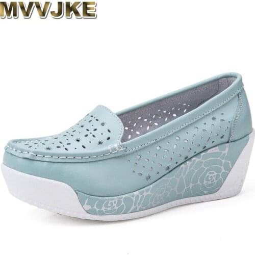 MVVJKE Womens Shoes 3 Styles Female Shoe Swing Genuine Leather Wedges Platform Single Breathable Hot Womens Shoes Lady