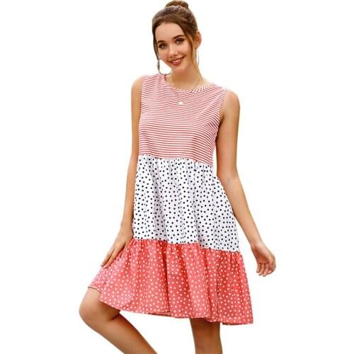 Polka Dot Patchwork Pleated Sexy Dress Women Clothes Summer Sleeveless O-neck Casual Party Loose Plus Size Dress Female