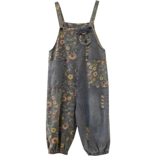 Summer Women Sleeveless Overalls Vintage Denim Jumpsuit Floral Printed Casual Pockets Suspender Jeans Jumpsuits Plus Size Romper
