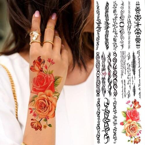 Watercolor Rose Temporary Tattoos For Women Girls Indian Totem Butterfly Vine Feather Fake Tattoo Sticker Water Transfer Tatoos