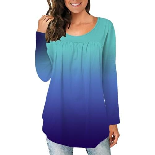 40# Casual Round Neckstitching Gradient Blouses Women Vintage Pleated Top Shirt Long-sleeved Loose Blusas Mujer De Moda 2021