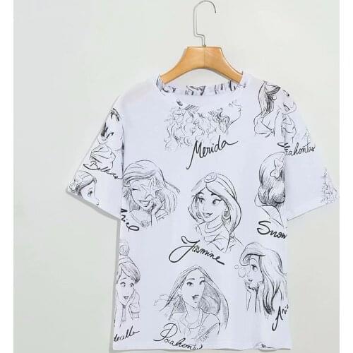 Disney Cartoon Princess Shirts for Women Print Round Neck Short-sleeved Women Fashion Clothing Graphic T-Shirts Harajuku Kawaii