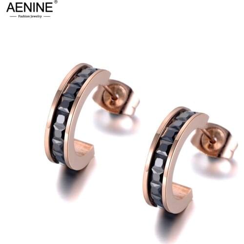 AENINE Sparkling Black/White Cubic Zirconia Stud Earrings For Women Girls Rose Gold Stainless Steel Crystal Ear Jewelry AE19002