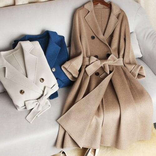 Winter Women Real Wool Coat High-end Elegant Water Wave Reversible Cashmere Coat Double-breasted With Belt Long Female Jacket