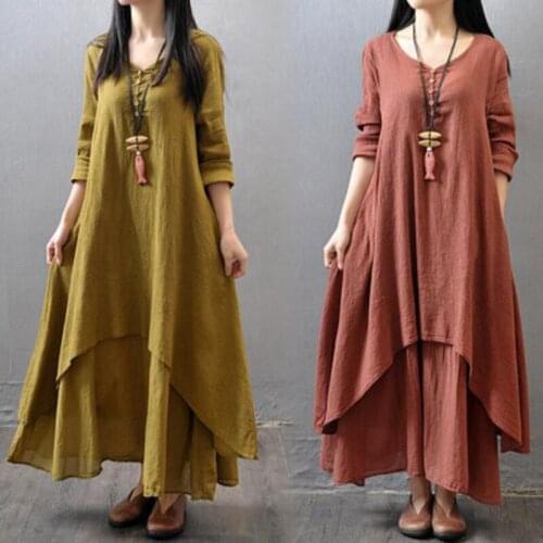 Women Dresses 2021 Autumn Design Fashion Long Sleeve V-Neck Button Patchwork Cotton Linen Casual Dress Stylish Streetwear Outfit