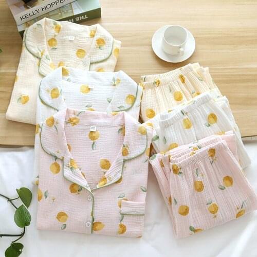 214 Cotton Korean Sleepwear Lemon Print Pajamas for Women Summer 2021 Pyjamas Girls Pijama Pant Long Sleeve Two Piece Home Suits