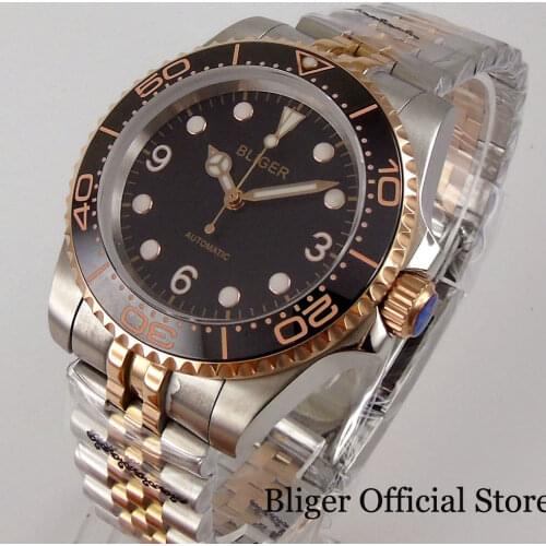 BLIGER New Rose Gold Plated 40mm Automatic Men Watch Sapphire Crystal 24 Jewels NH35A Green luminous Marks Dial Two Tone Strap