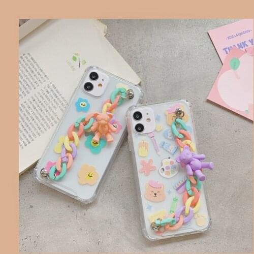 Cute Candy Color Bear Chain IPhone Phone Case Xr All Inclusive Iphone12 mini 11Pro 2020SE 7 8 Plus Xr Xs Max Applicable