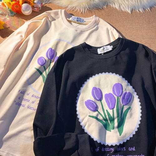 Frence Elegant Tulip Printed Oversized Sweatshirt Women Long Sleeve Tops Harajuku Streetwear Kawaii Girls Japanese Fashion 2021