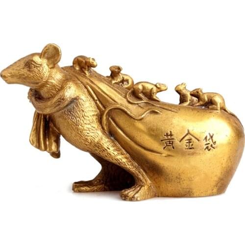 Chinese Fengshui Copper Brass Animal Zodiac Year Lucky Gold Pocket Mouse Statue Home Decoration
